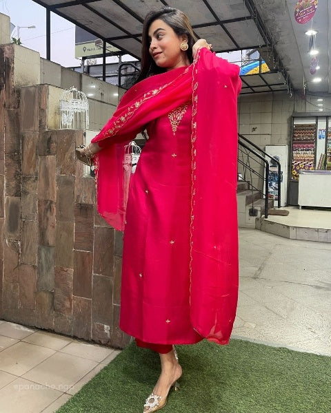 Women's Viscose Chanderi Embroidered Kurta with Pant & Pure Organza Dupatta with Work | Readymade 3-Piece Suit Set | Elegant Ethnic Wear for Festive, Party & Semi-Formal Occasions