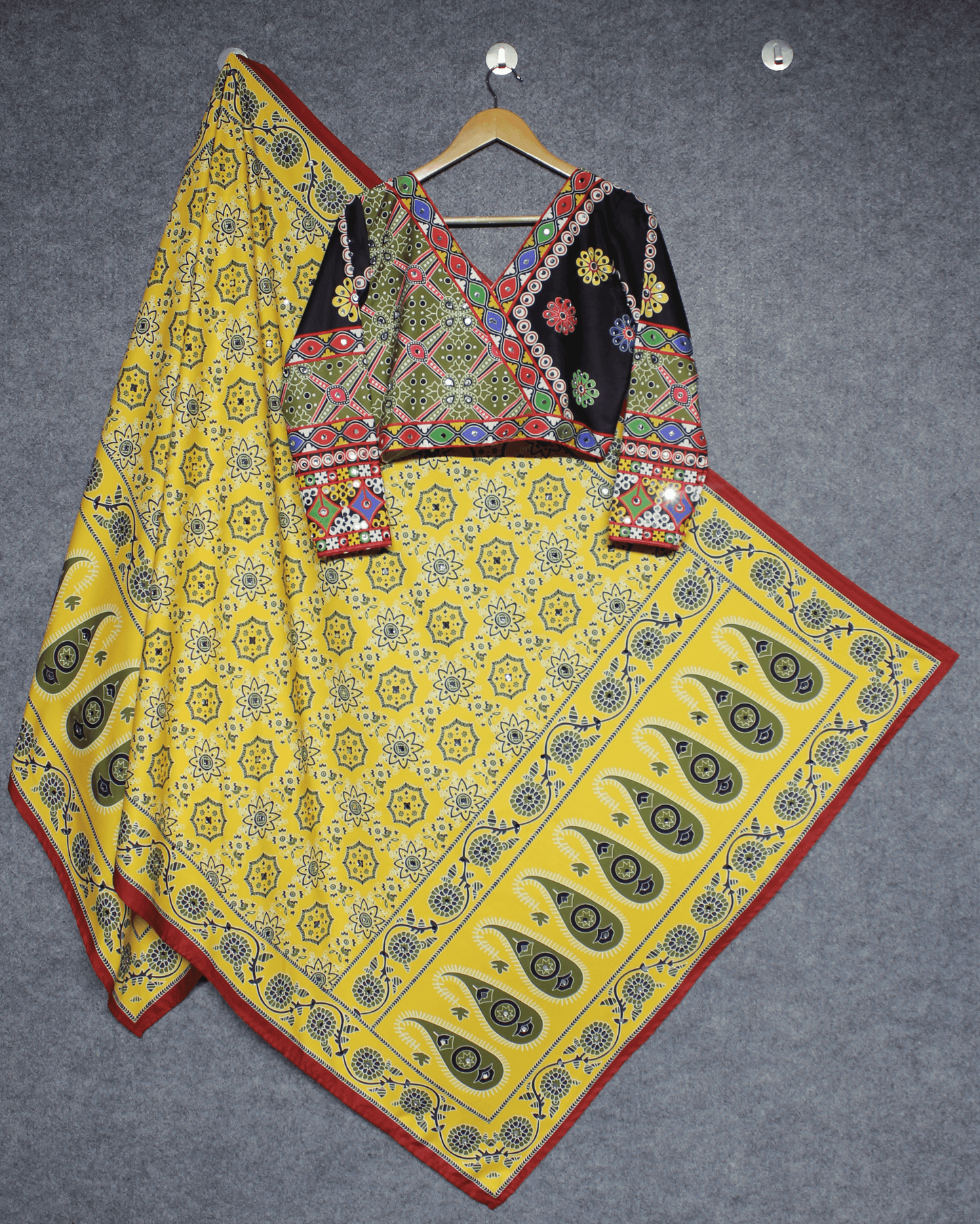 Women’s Stitched Butter Silk Lehenga Choli – Real Mirror Work & Digital Print | Navratri Special