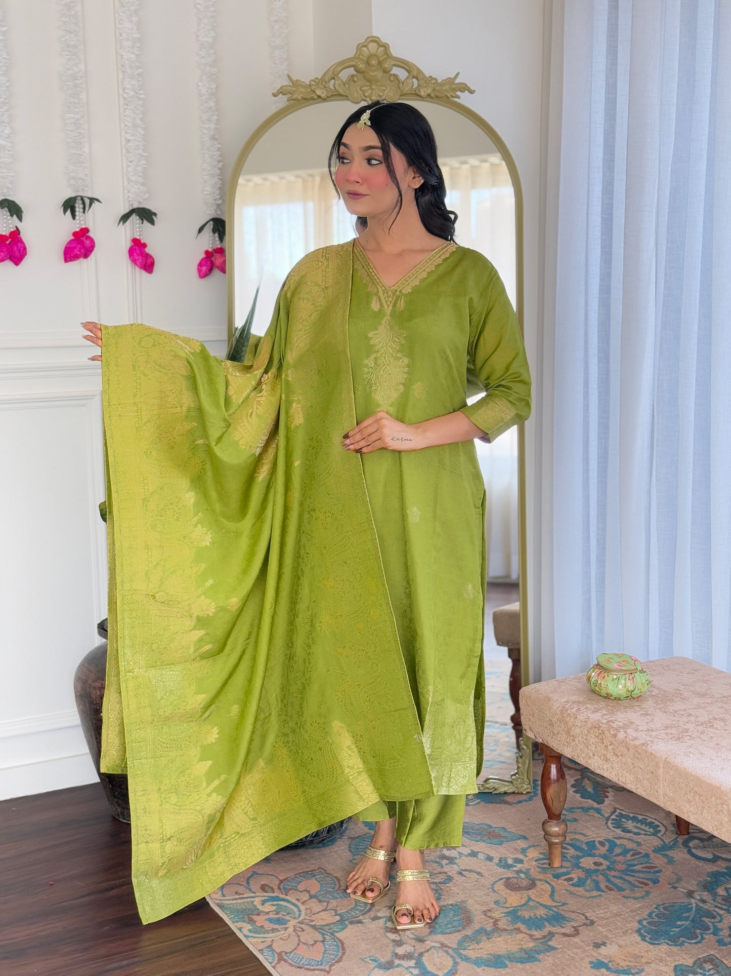 Viscose Jacquard Embroidered Kurti Set with PV Chanderi Pant & Jacquard Dupatta – Ready to Wear | Casual & Stylish