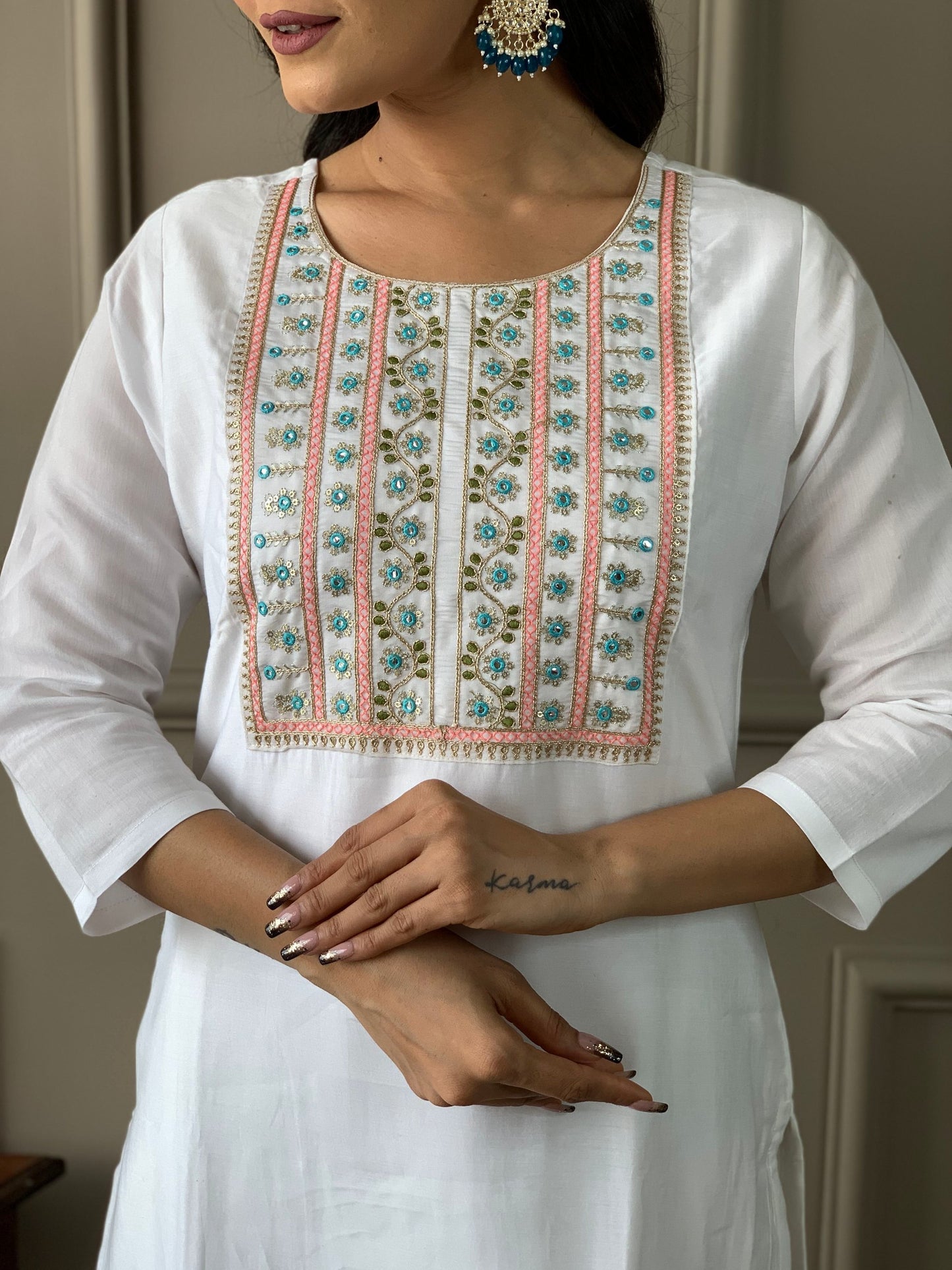 Minimalist White Embroidered Suit Set with Chanderi Fabric & Teby Dupatta
