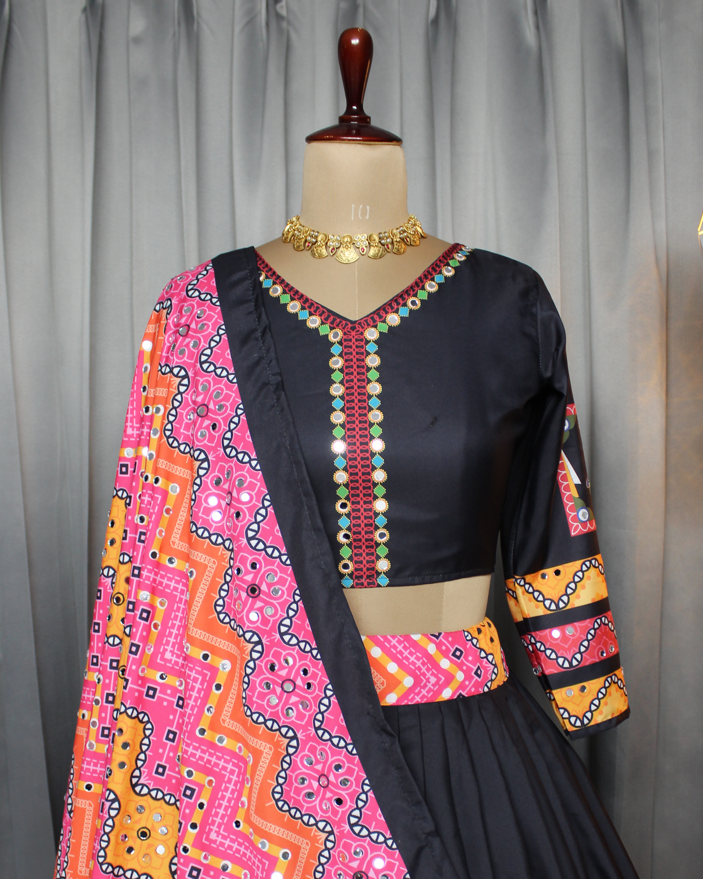 Women’s Butter Silk Navratri Lehenga Choli – Stitched, Real Mirror & Digital Print Work