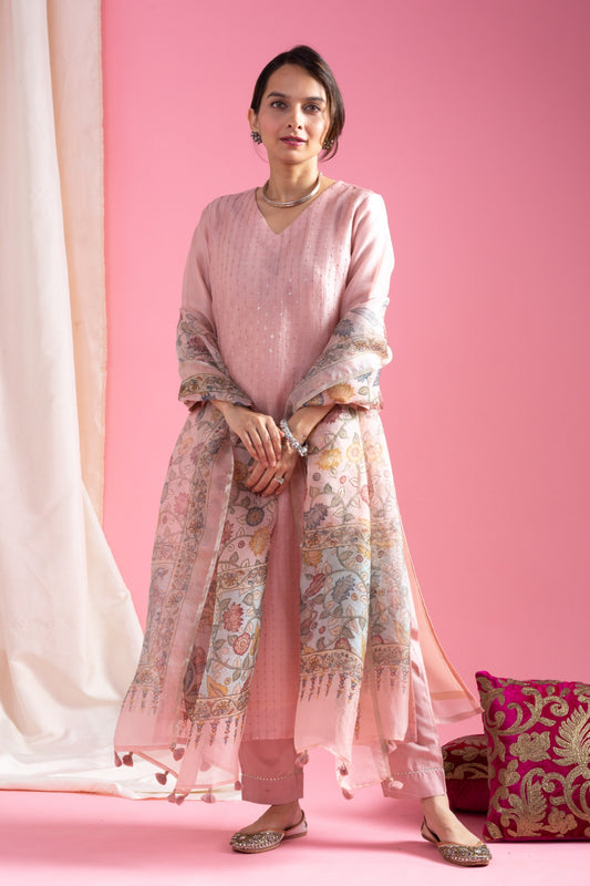 New Style Embroidered Viscose Chanderi Suit Set with Tabby Organza Dupatta
