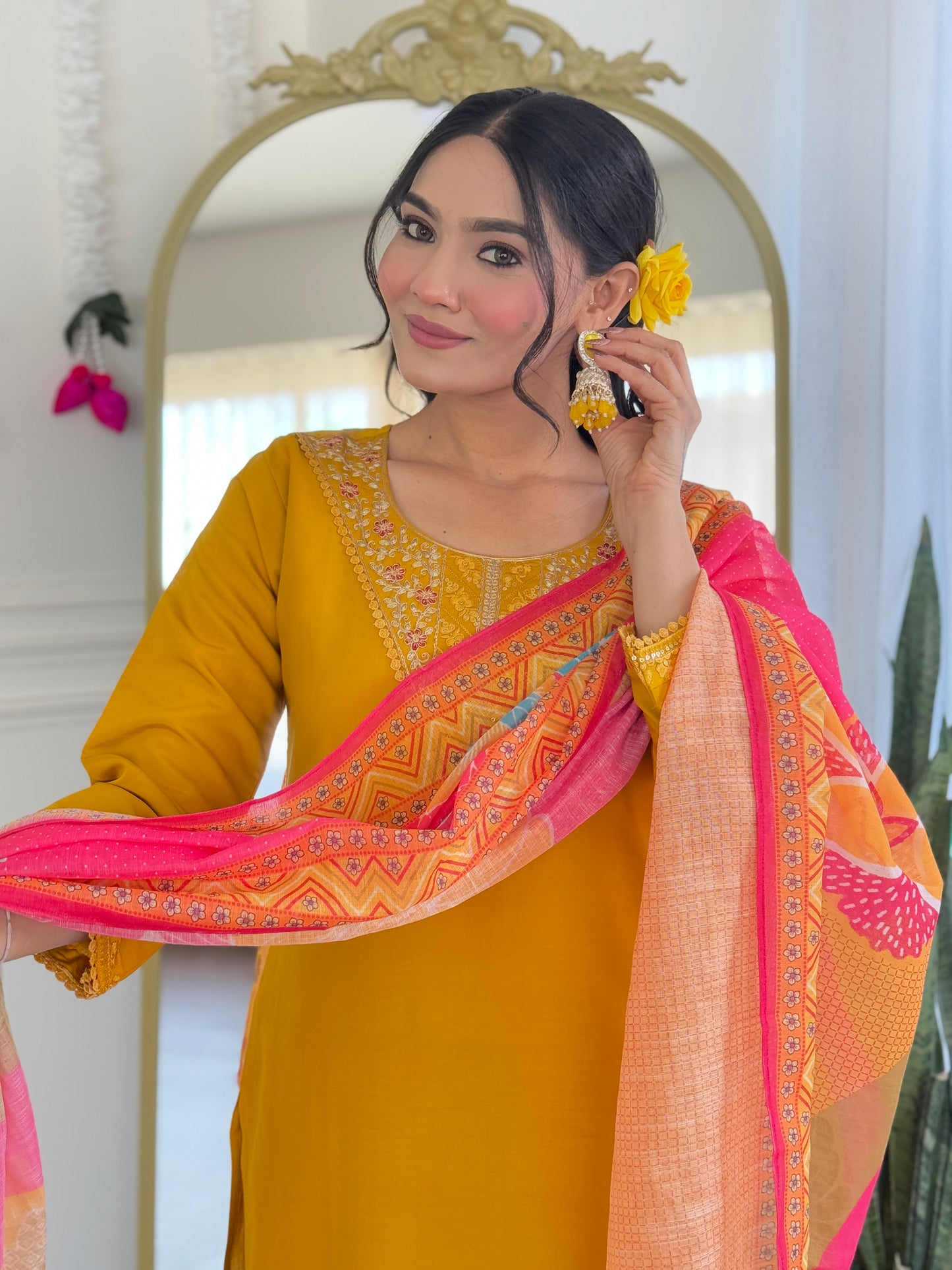 Women's Chanderi Silk Embroidered Kurta with Pant & Pure Linen Dupatta | Premium Readymade 3-Piece Ethnic Suit Set | Elegant Wear for Festive, Semi-Formal & Traditional Occasions
