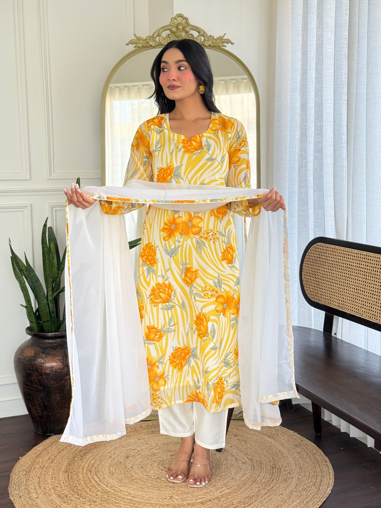 All-Over Print Chanderi Kurti Set – 3-Piece Suit for Casual Fashion