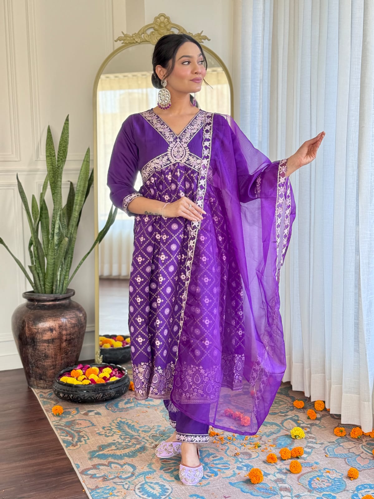 Classic Embroidered Suit in Chanderi with Soft Organza Dupatta