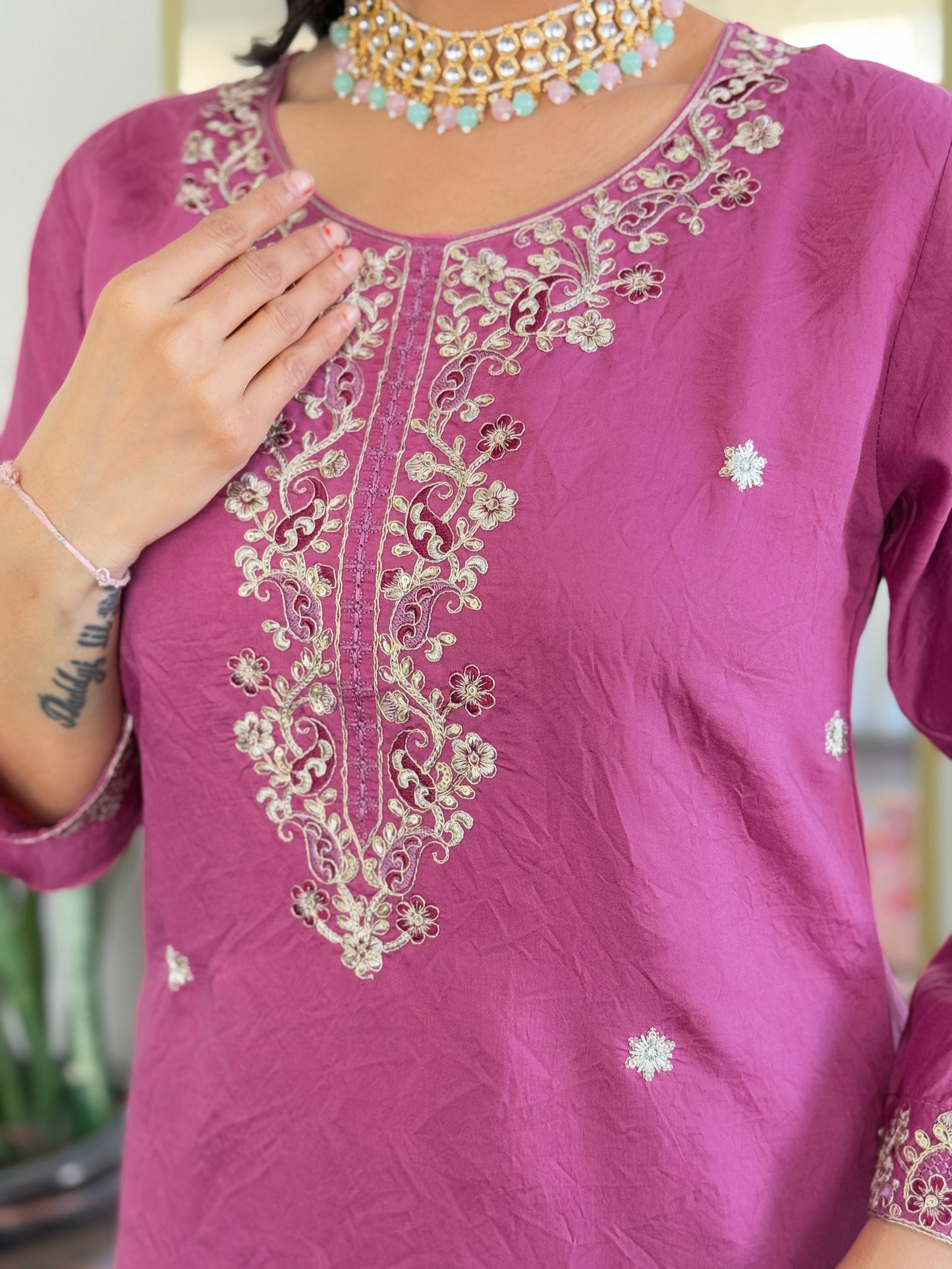 Designer Embroidered Suit Set in Chanderi with Jacquard Dupatta