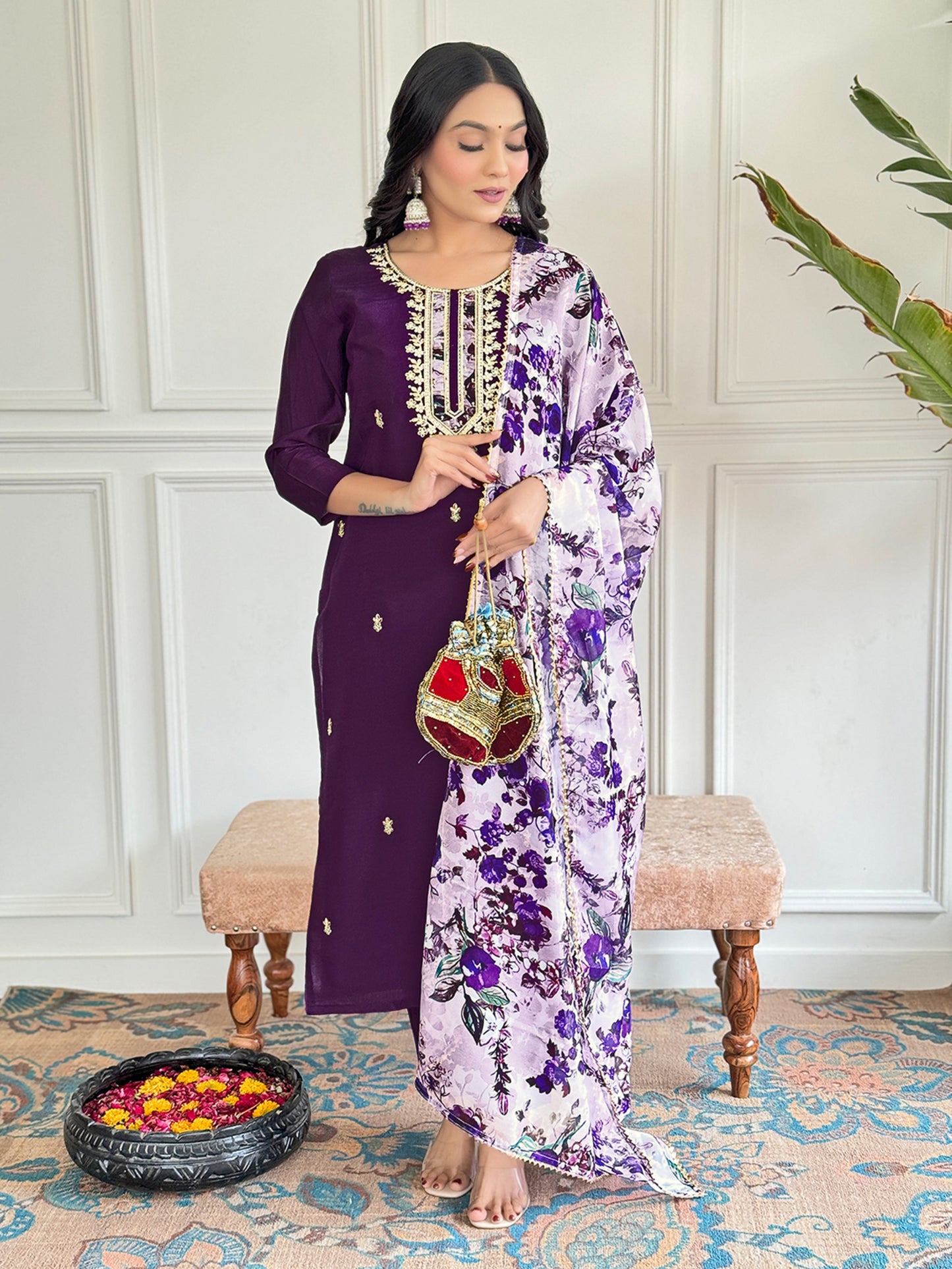 Elegant Chanderi Kurti Set with Embroidered Taby Dupatta & Pant – 3/4 Sleeve, Designer Round Neck