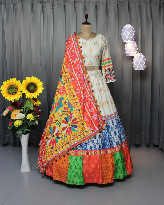 Women’s Festive Lehenga Choli – Butter Silk with Real Mirror Work & Printed Dupatta | Stitched | Navratri Wear