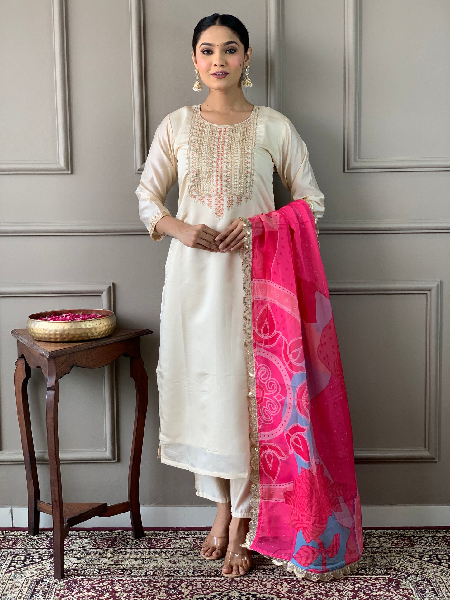 Women’s Viscose Chanderi Kurti Set with Embroidered Nylon Taby Dupatta & Pant – Designer Round Neck, Knee Length