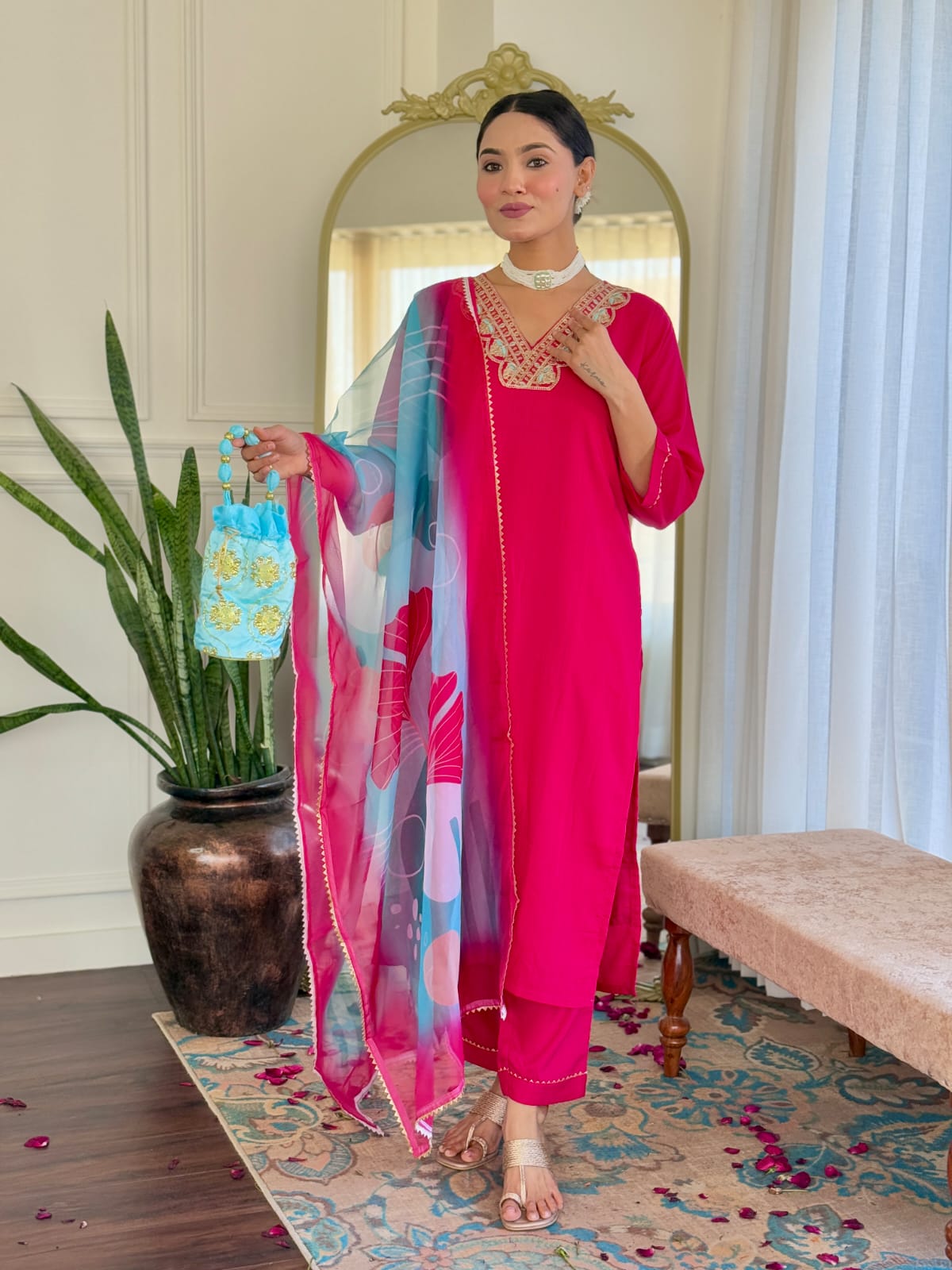 Casual Ethnic Wear Embroidered Reyon Slub Suit Set with Printed Teby Silk Dupatta – 3-Piece