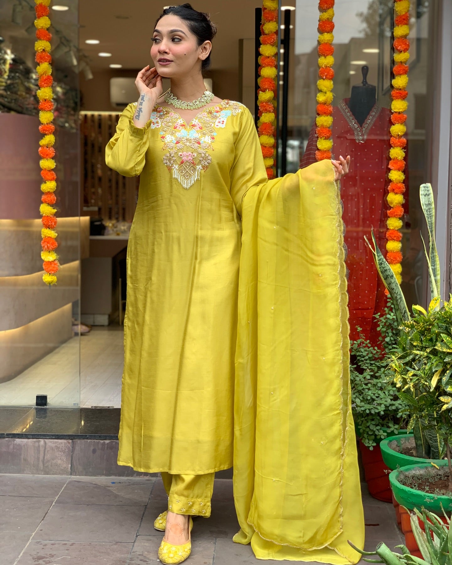 Chanderi Silk Embroidered Suit Set with Lightweight Organza Dupatta