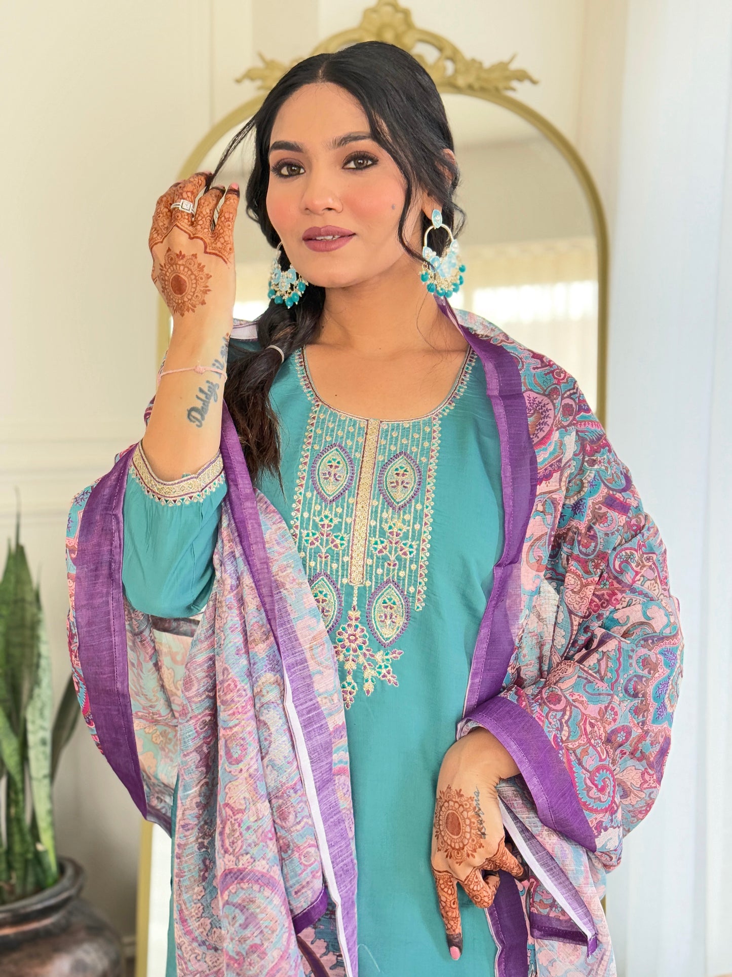 Chanderi Embroidery Suit with Linen Dupatta – Everyday Festive