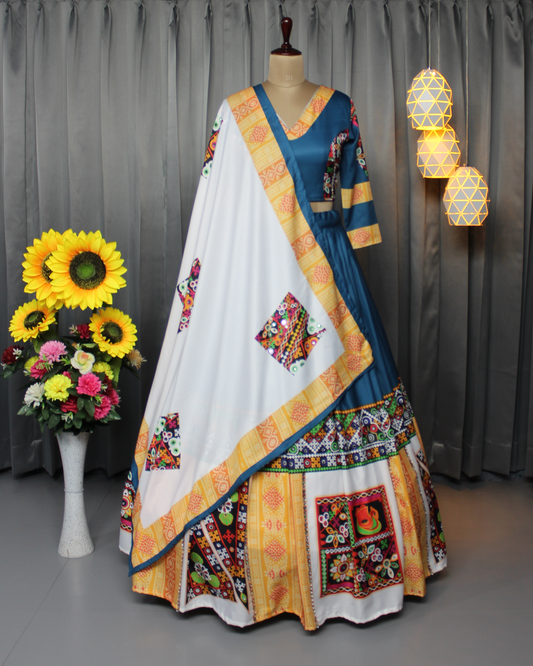 Women’s Festive Lehenga Choli – Butter Silk with Real Mirror Work & Printed Dupatta | Stitched | Navratri Wear