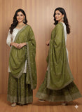 Women Olive Green Embroidered Sharara Suit Set | Short Kurti with Sharara & Dupatta | Party & Festive Wear