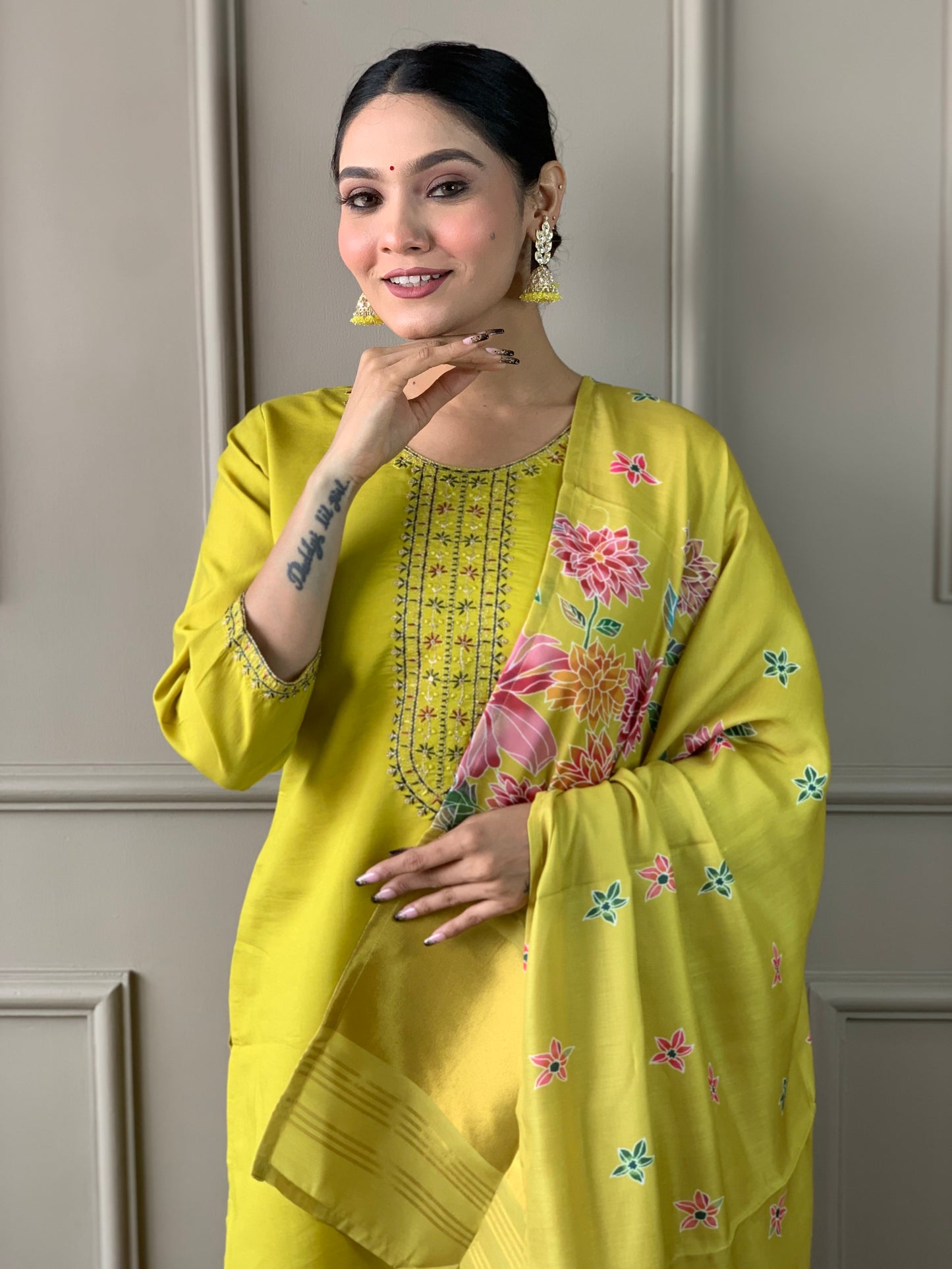 Stylish Viscose Chanderi Suit Set for Women – Round Neck & Embroidered Dupatta
