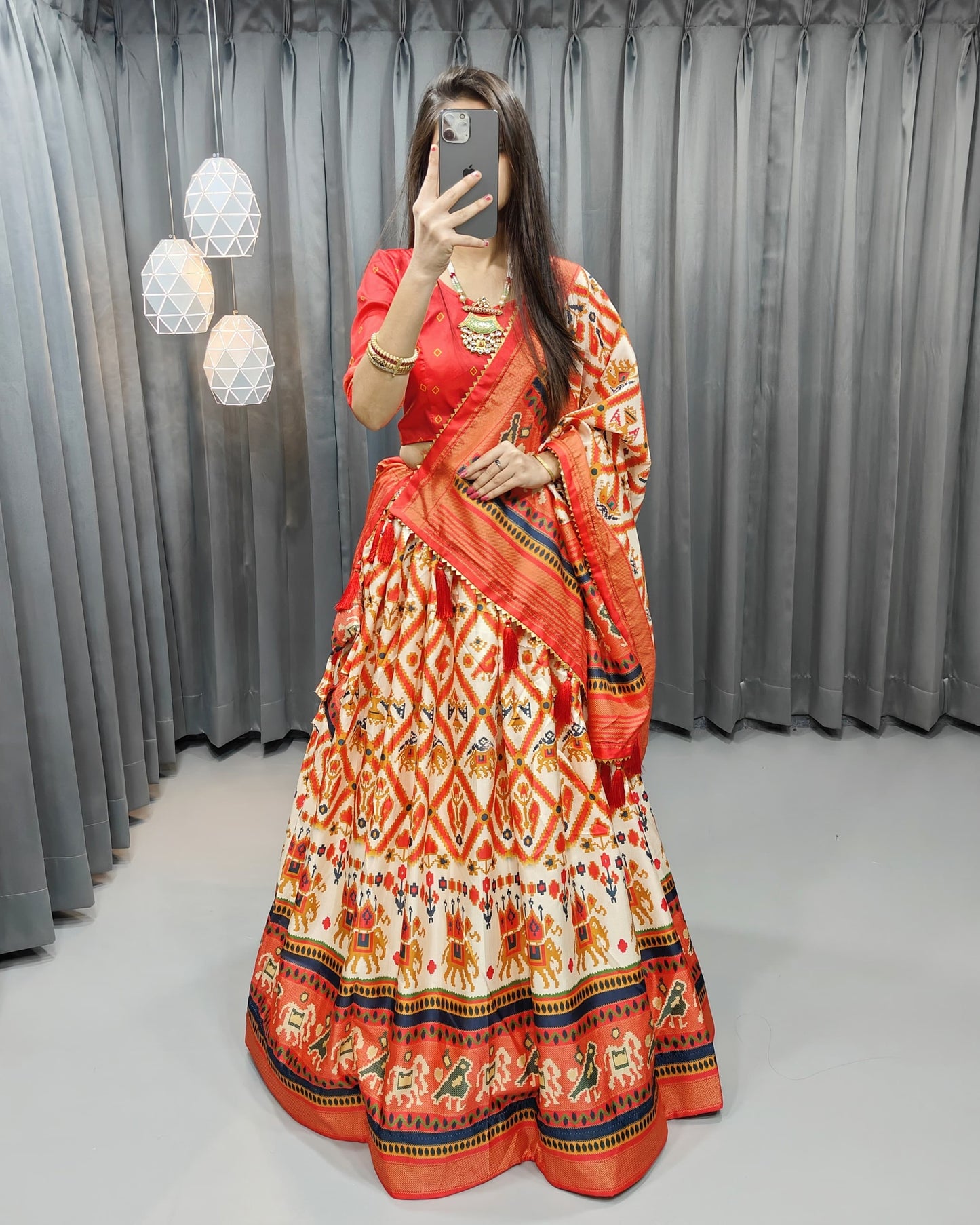 Stitched Tussar Silk Lehenga Choli Set – Printed Design with Fancy Tassels & Lace Dupatta