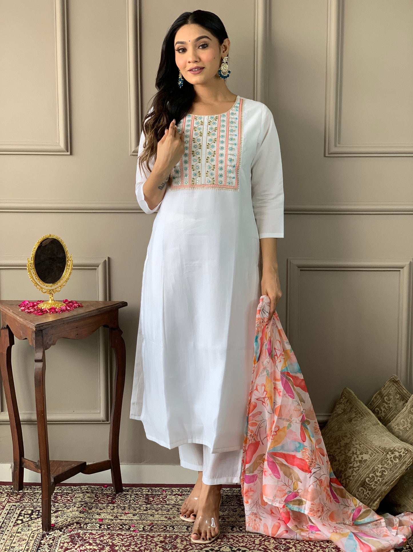 Minimalist White Embroidered Suit Set with Chanderi Fabric & Teby Dupatta