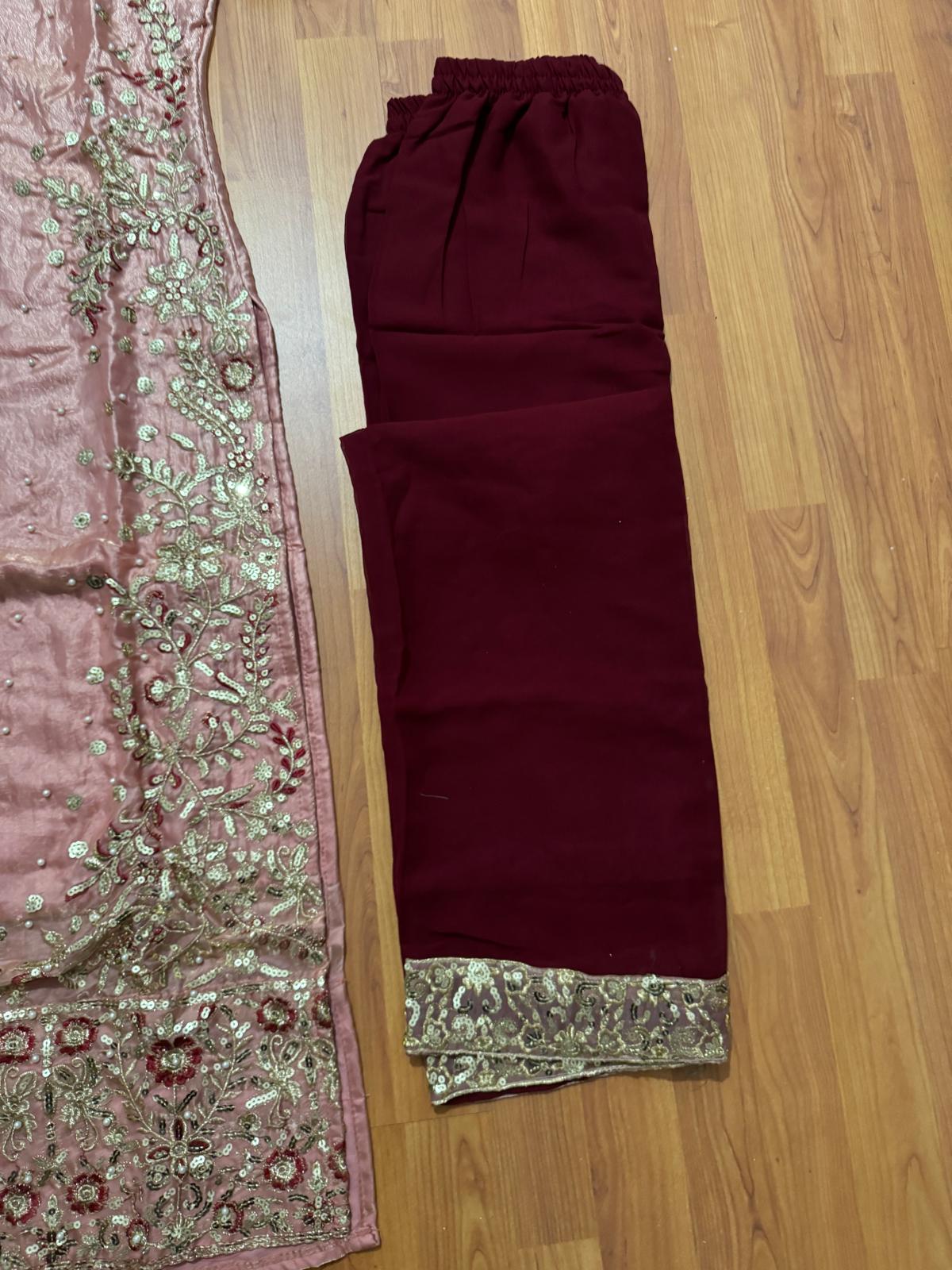 Women’s Rose Pink & Deep Maroon Chinnon Embroidered Kurta Sharara Set with Dupatta | Fully Stitched Festive Wear