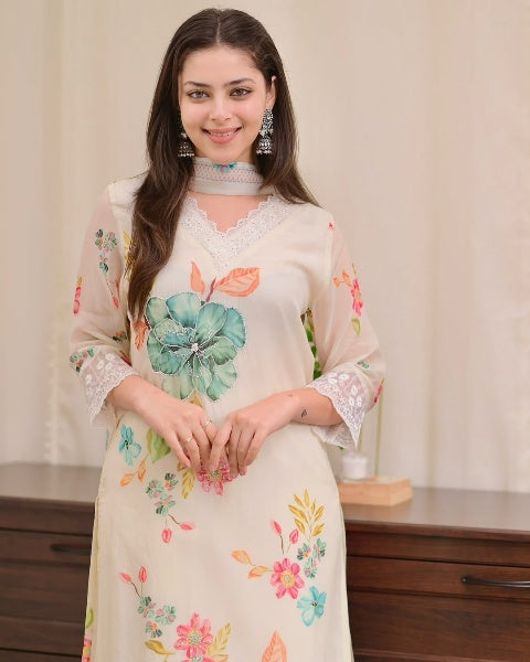 Women's Nylon Taby Embroidered Kurta with Viscose Pant & Dupatta | Readymade 3-Piece Suit Set | Elegant & Comfortable Ethnic Wear for Festive, Casual & Semi-Formal Use