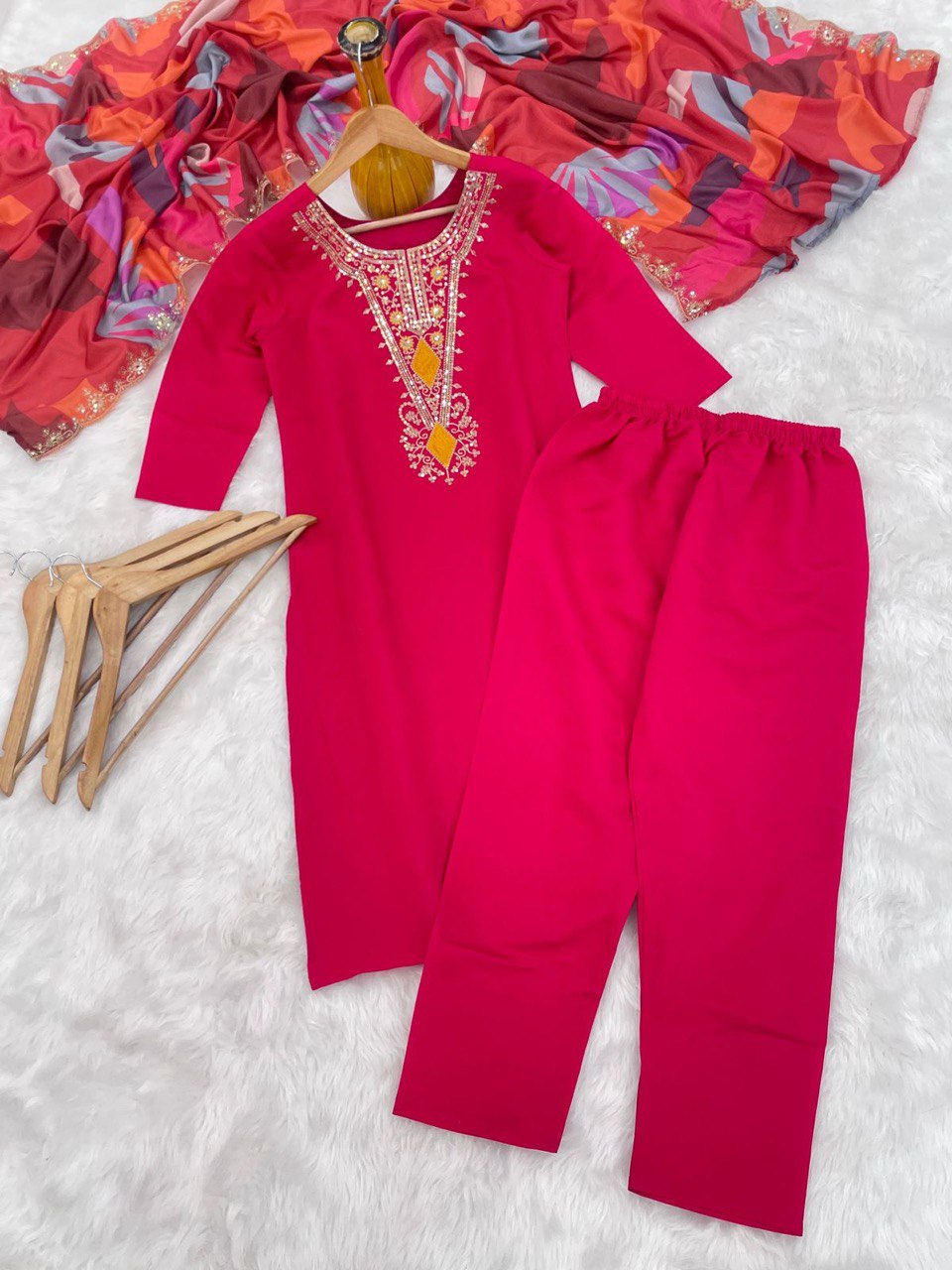 Premium Heavy Roman Fabric Embroidered Suit Set with Chinon Digital Print Dupatta – Ready to Wear