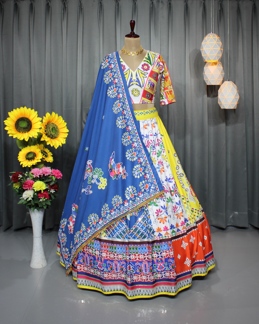 Women’s Butter Silk Lehenga Choli Set – Real Mirror Work & Digital Print | Stitched | Navratri Special