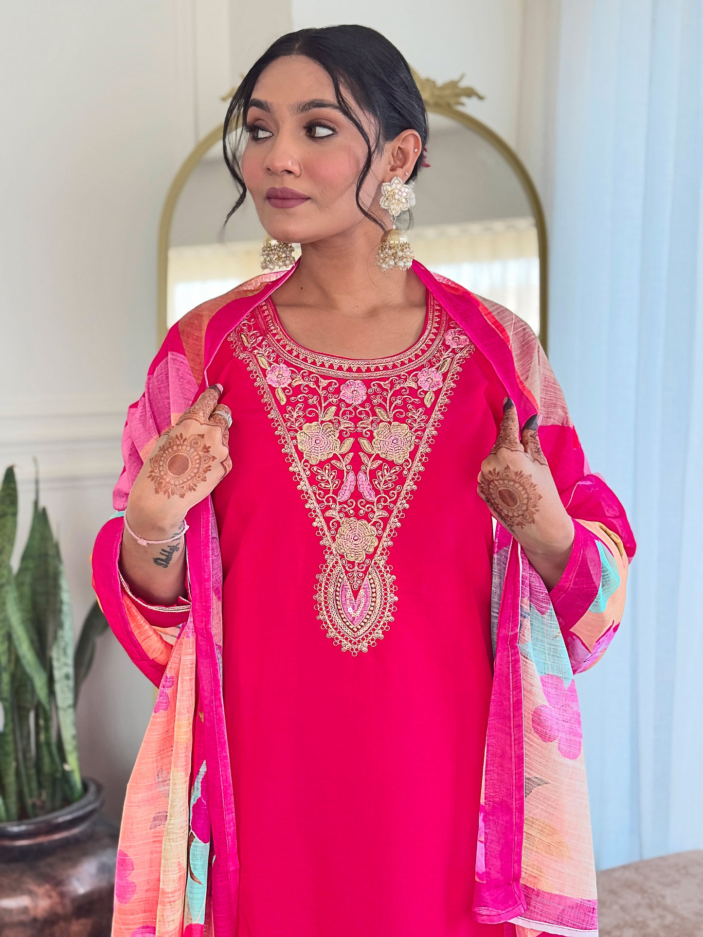 Stylish Embroidered Chanderi Suit with Natural Linen Dupatta