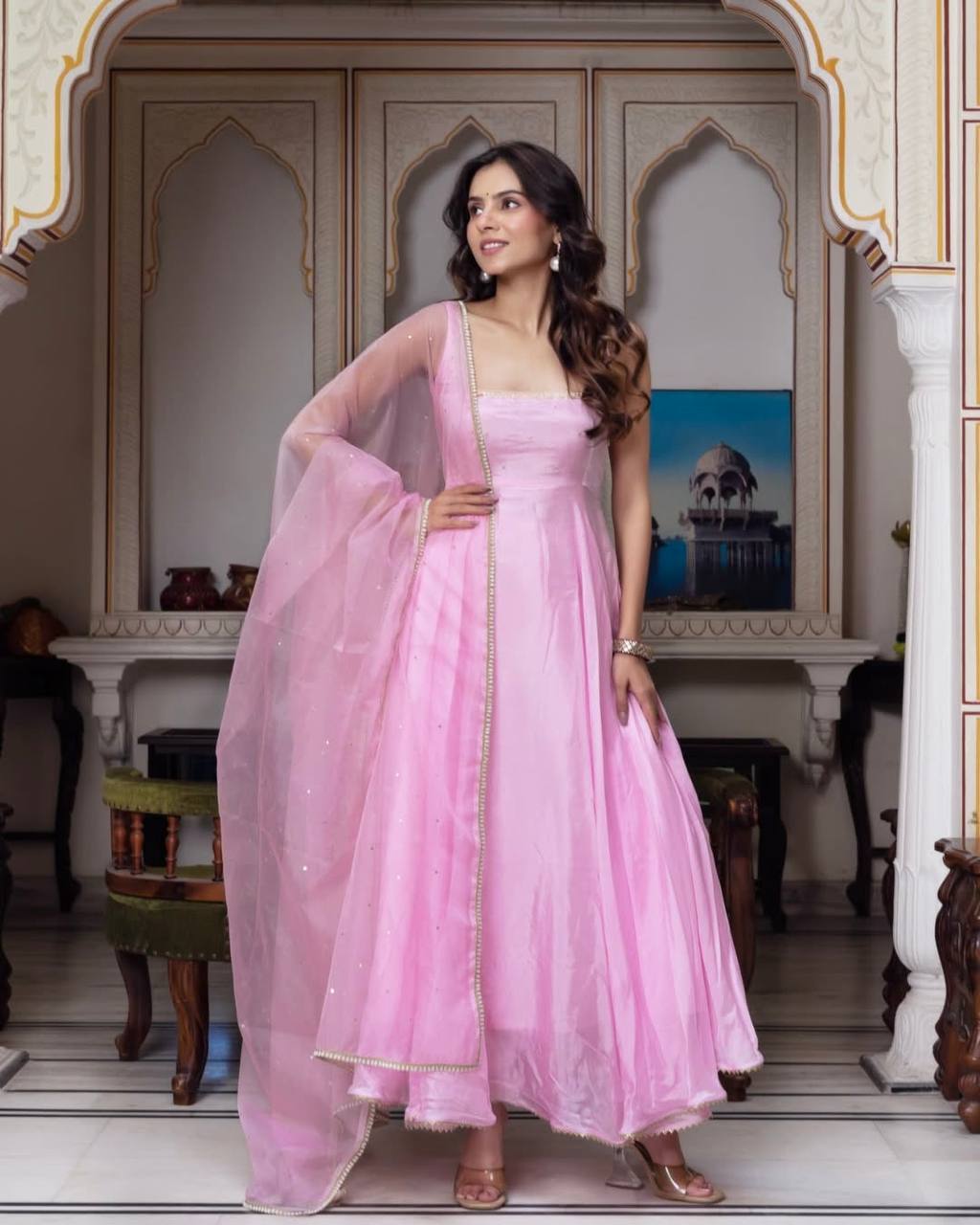 Elegant Faux Georgette Gown Set with Embroidered Dupatta & Matching Pant | Designer Fully Stitched Ethnic Wear