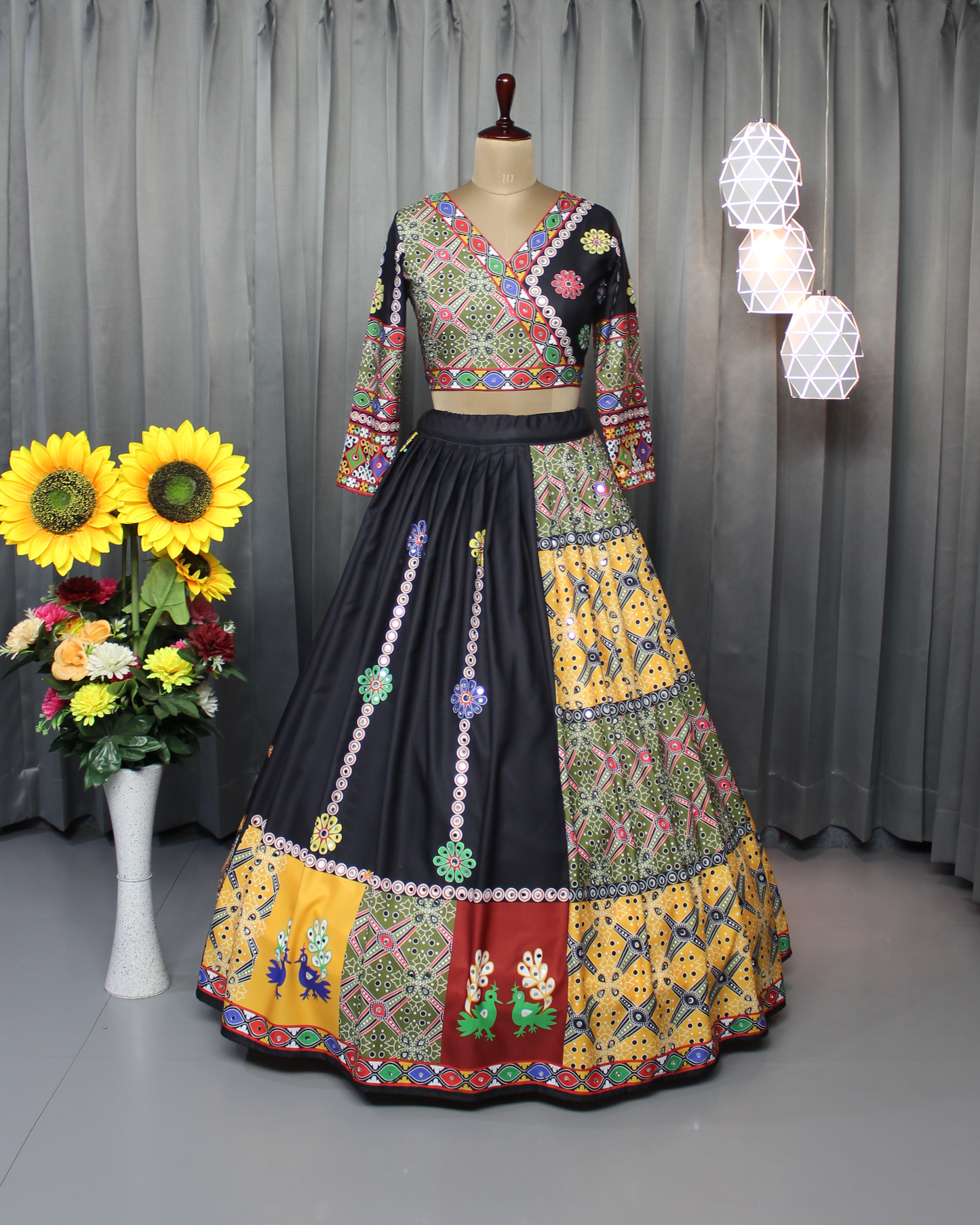 Women’s Stitched Butter Silk Lehenga Choli – Real Mirror Work & Digital Print | Navratri Special