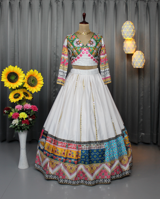 Butter Silk Navratri Lehenga Choli Set – Stitched with Real Mirror & Print Work | With Dupatta