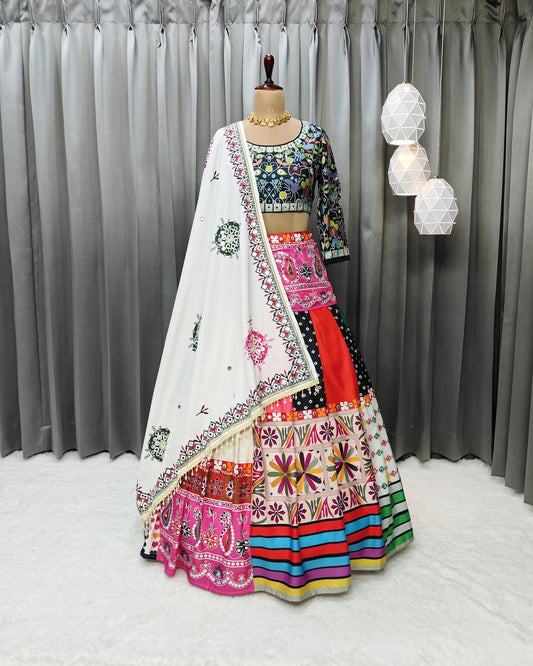 Vibrant Navratri Lehenga Choli – Ready-Made Butter Silk with Mirror Embellishment