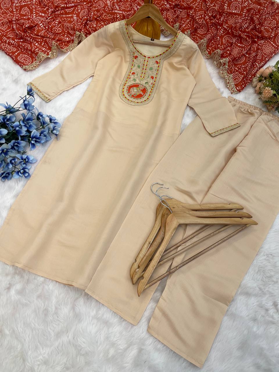 Stylish Heavy Roman Embroidered Suit with Chinon Printed Dupatta – Ready to Wear