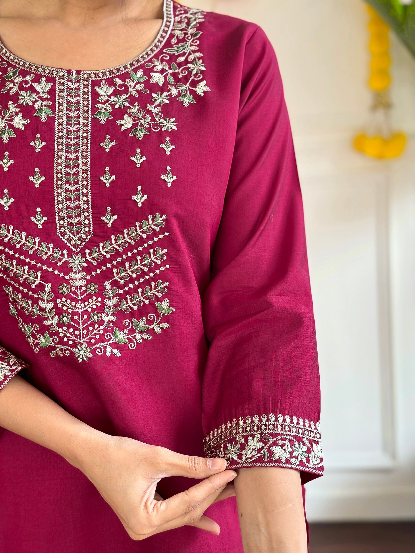 Women’s Viscose Chanderi Kurti Set with Embroidered Jacquard Dupatta & Pant – 3/4 Sleeves, Designer Round Neck