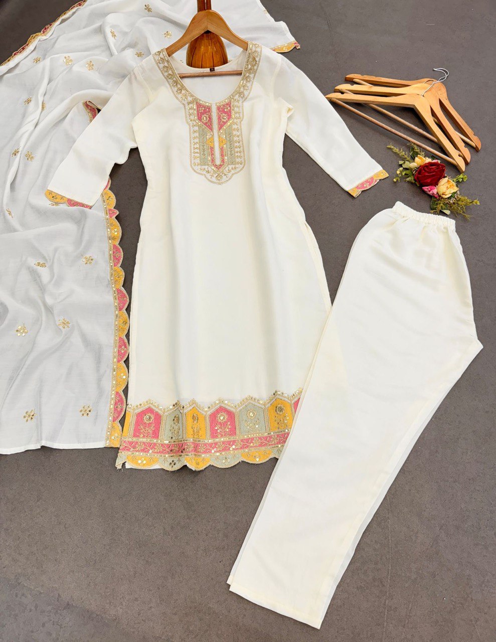 Elegant Heavy Roman Silk Suit Set with Embroidery & Matching Dupatta | Ready to Wear