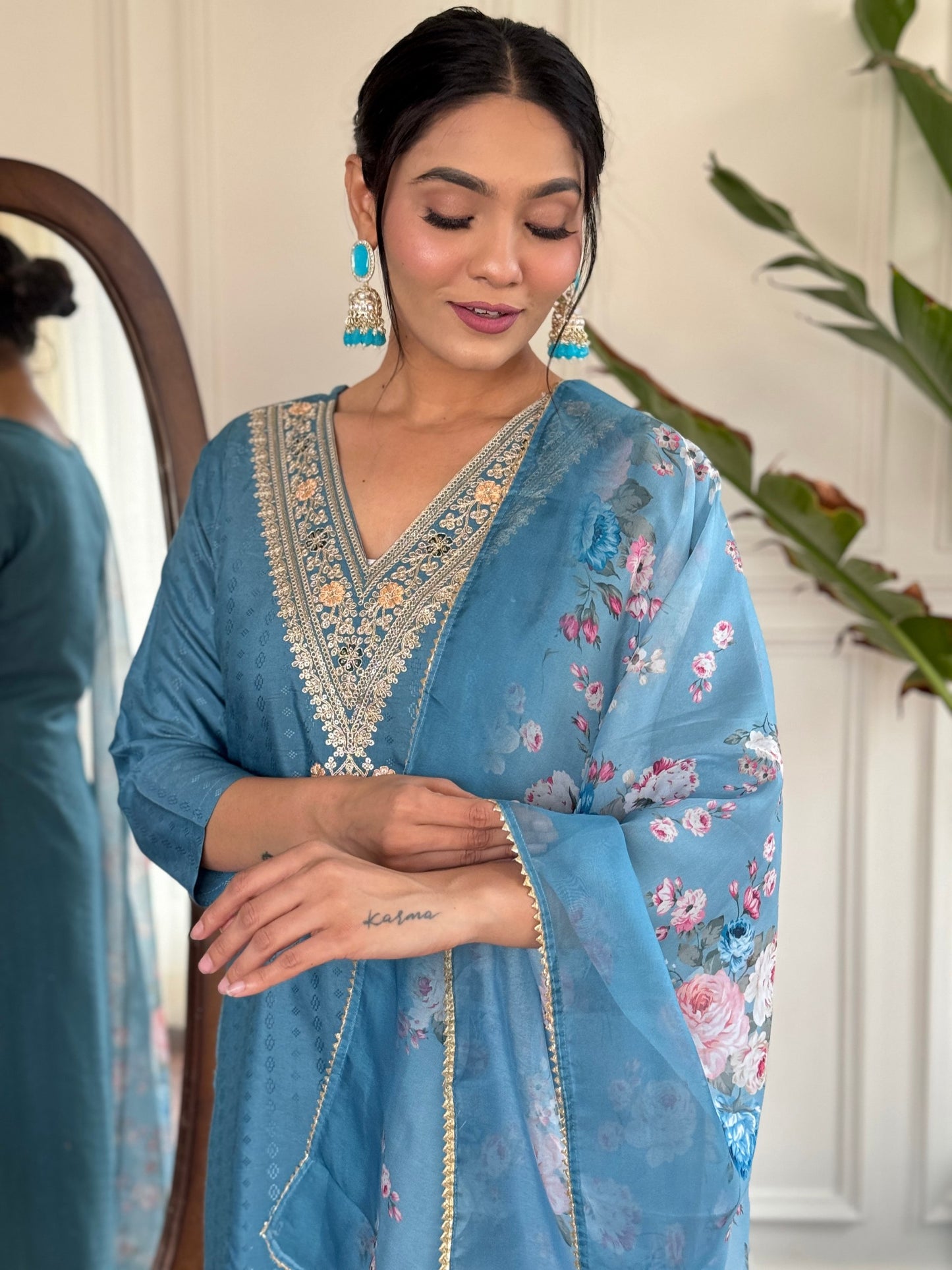 Festive Firozi Viscose Rayon Embroidered Kurti Pant Set with Teby Dupatta