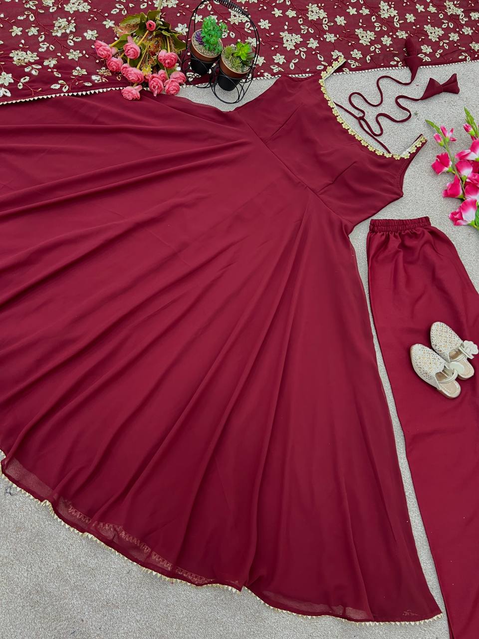 Party Wear Fully Stitched Outfit for Designer Heavy Faux Georgette Gown Set with Embroidered Dupatta & Bottom