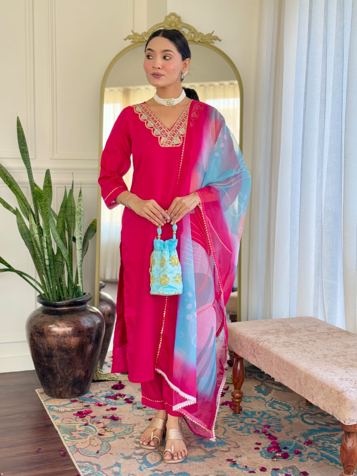 Casual Ethnic Wear Embroidered Reyon Slub Suit Set with Printed Teby Silk Dupatta – 3-Piece