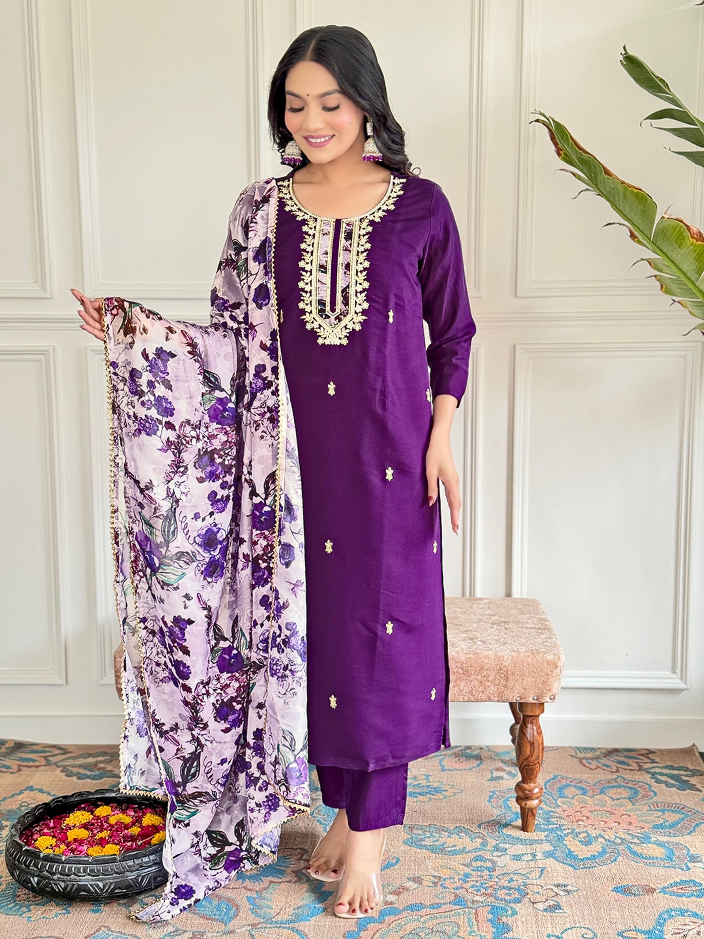 Elegant Chanderi Kurti Set with Embroidered Taby Dupatta & Pant – 3/4 Sleeve, Designer Round Neck