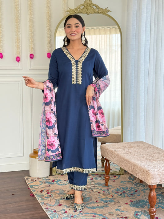 New Style Embroidered Viscose Slub Suit Set | Chinon Dupatta | 3-Piece Ready-to-Wear