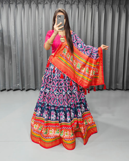 Stitched Tussar Silk Lehenga Choli Set – Printed Design with Fancy Tassels & Lace Dupatta