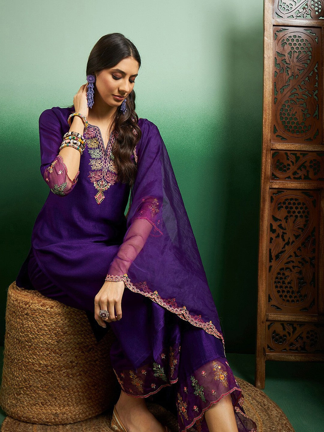 Women's Chanderi Cotton Kurti Set with Heavy Embroidered Organza Dupatta – Traditional Look