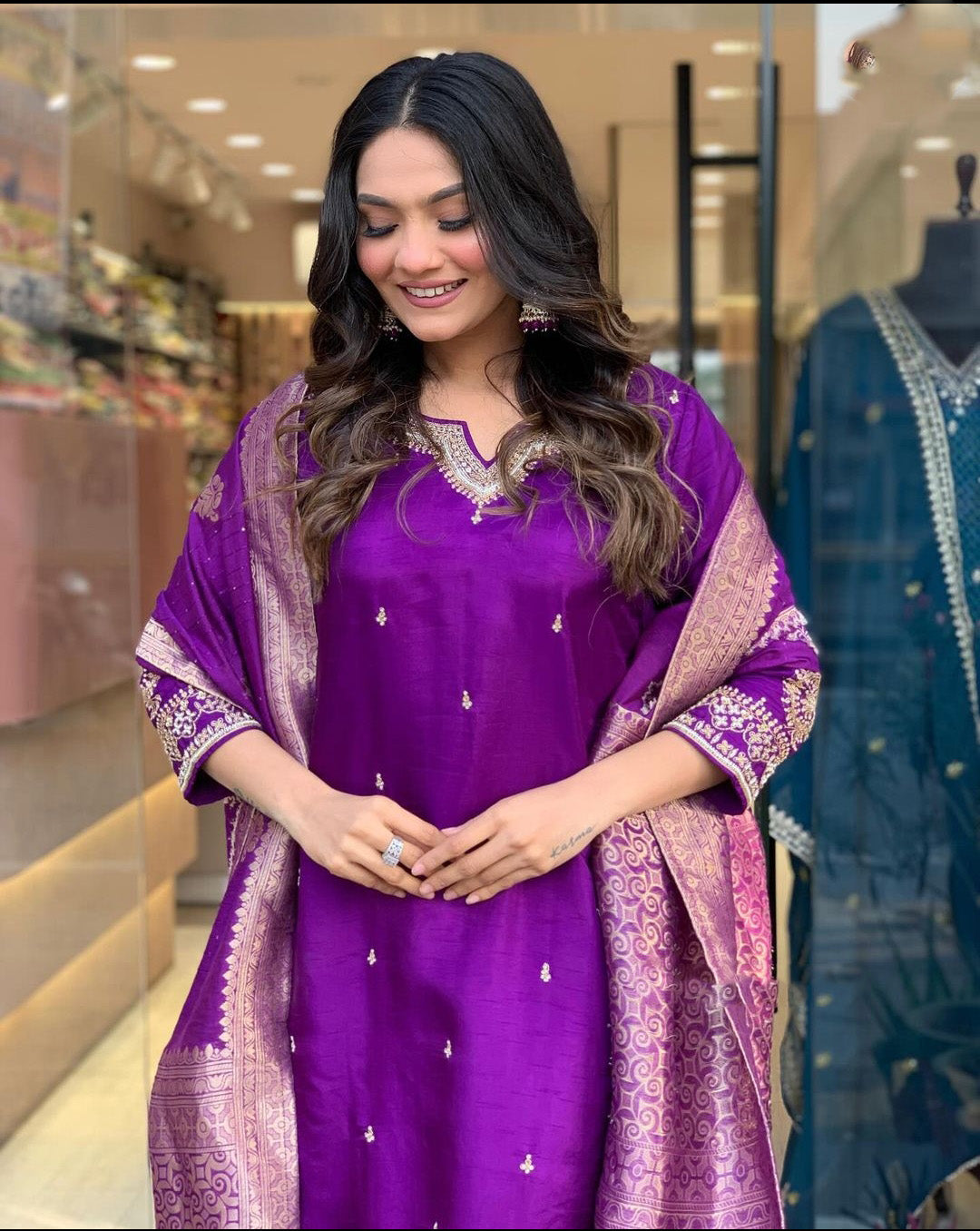 Designer Chanderi Kurti Set with Embroidery & Jacquard Dupatta