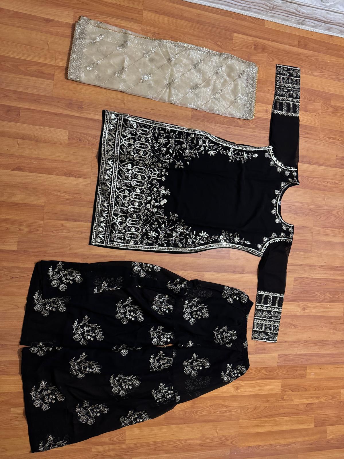 Latest Black Embroidered Fox Georgette Suits Palazzo Set with Chanderi Silk Dupatta | Fully Stitched | Festive & Party Wear