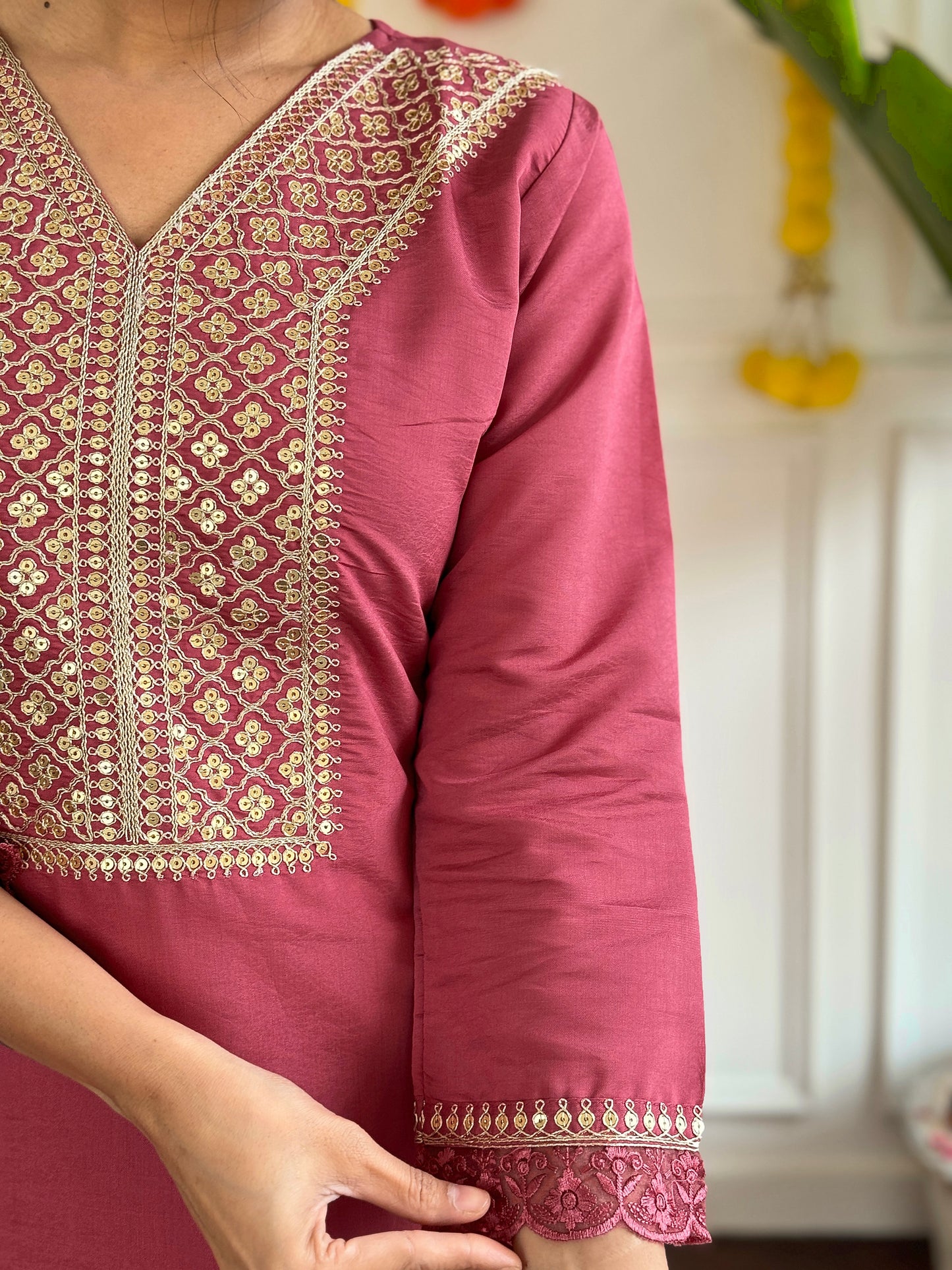 Women’s Viscose Chanderi Kurti Set with Embroidered Nylon Chanderi Dupatta & Pant – Full Sleeves, Designer V Neck