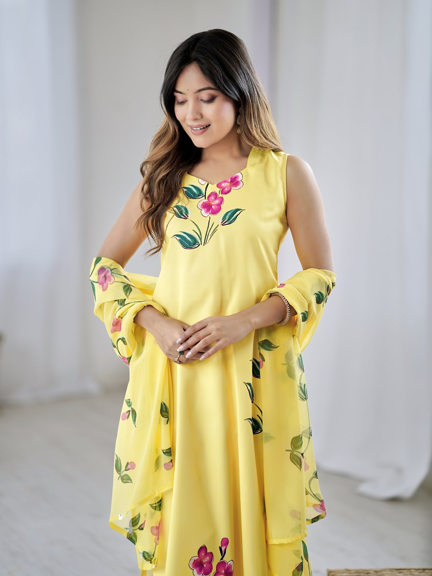 Contemporary Ethnic Wear Viscose French Crepe Suit Set with Lightweight Georgette Dupatta – 3-Piece
