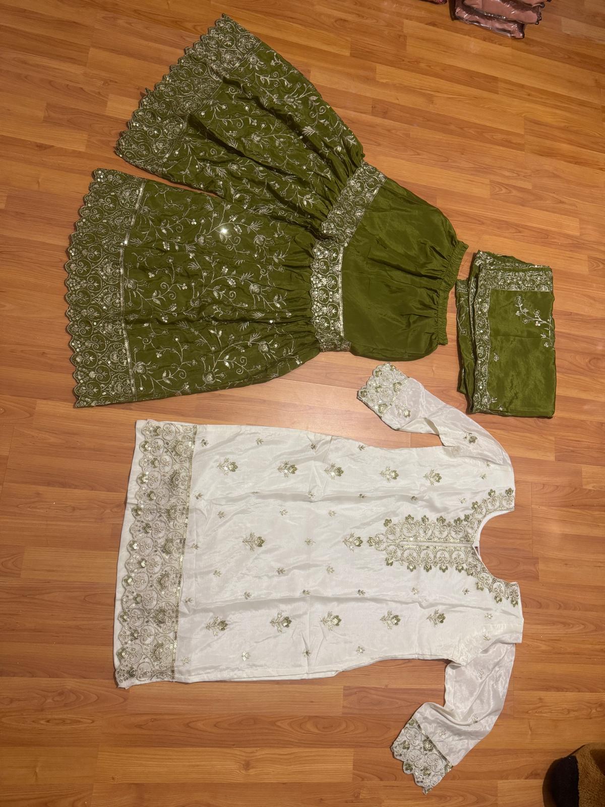 Women Olive Green Embroidered Sharara Suit Set | Short Kurti with Sharara & Dupatta | Party & Festive Wear