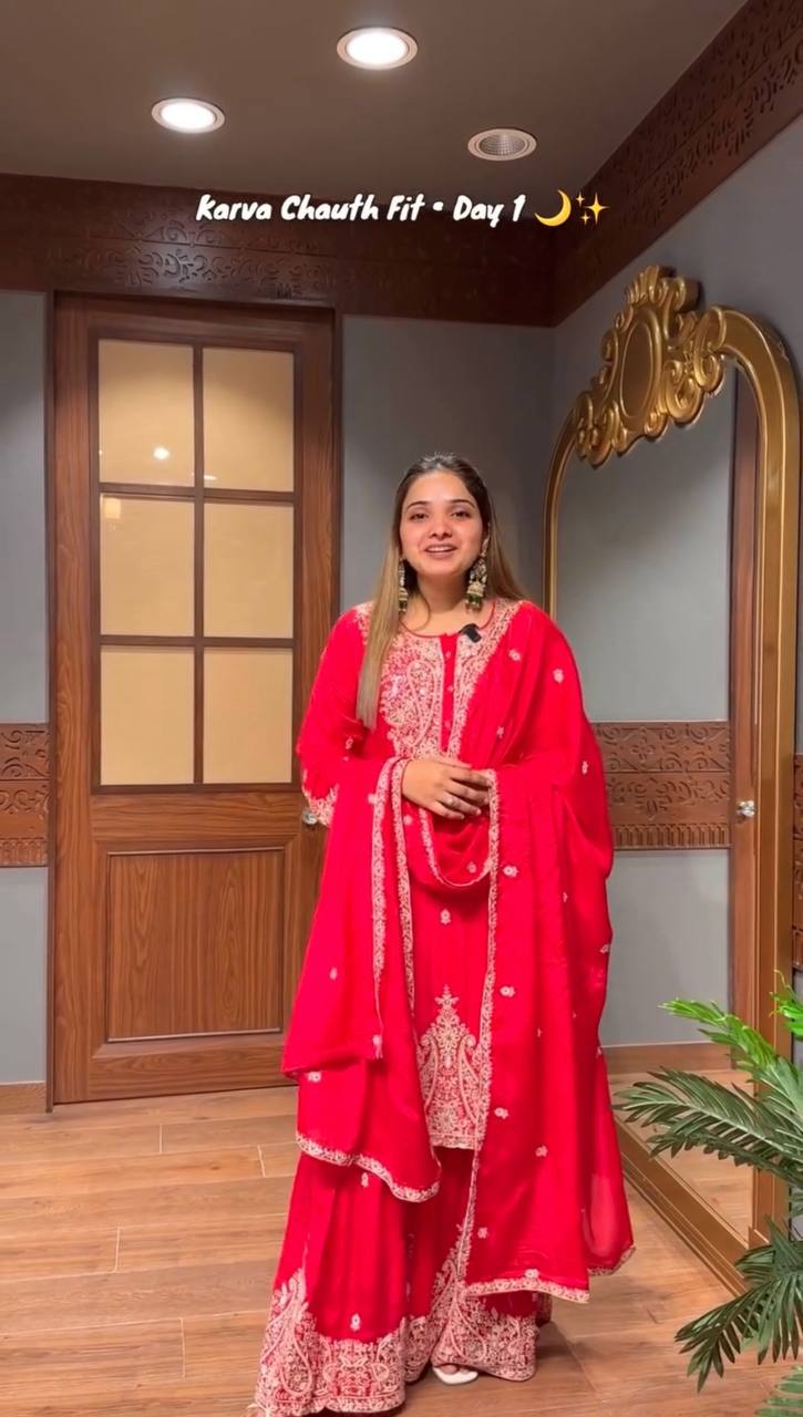 Designer Faux Georgette Sharara Set with Embroidered Dupatta | Fully Stitched Premium Ethnic Wear