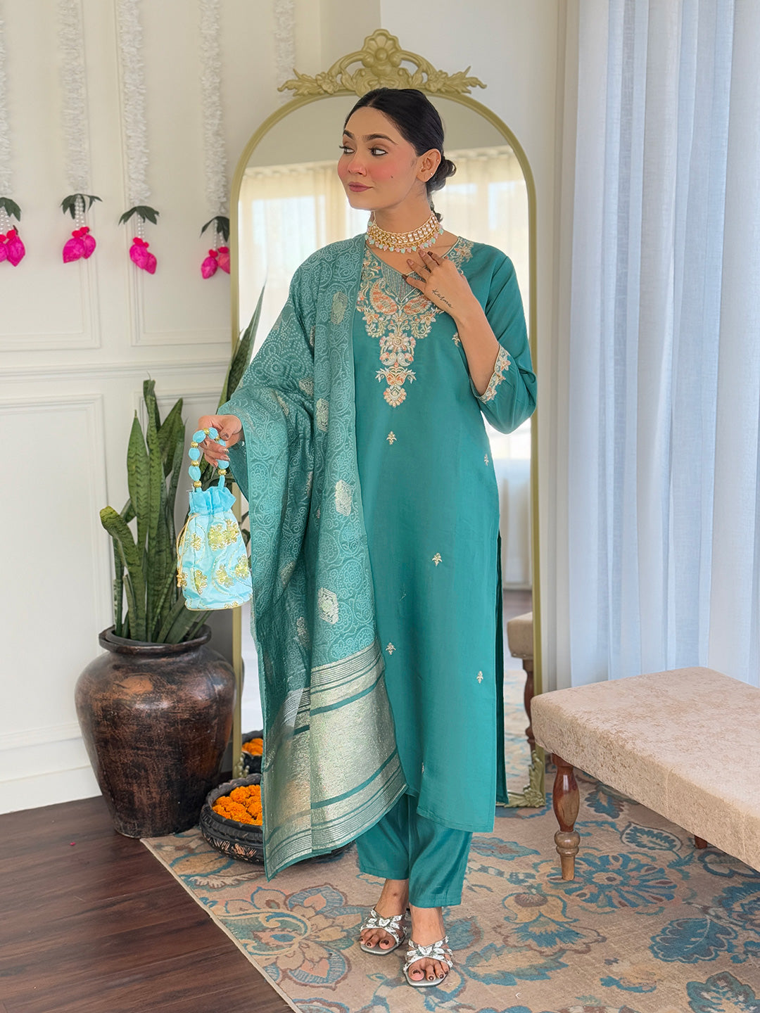 Women's Viscose Chanderi Embroidered Kurta with Pant & Nylon Jacquard Dupatta | Elegant Readymade 3-Piece Suit Set | Ethnic Wear for Festive, Semi-Formal & Daily Occasions