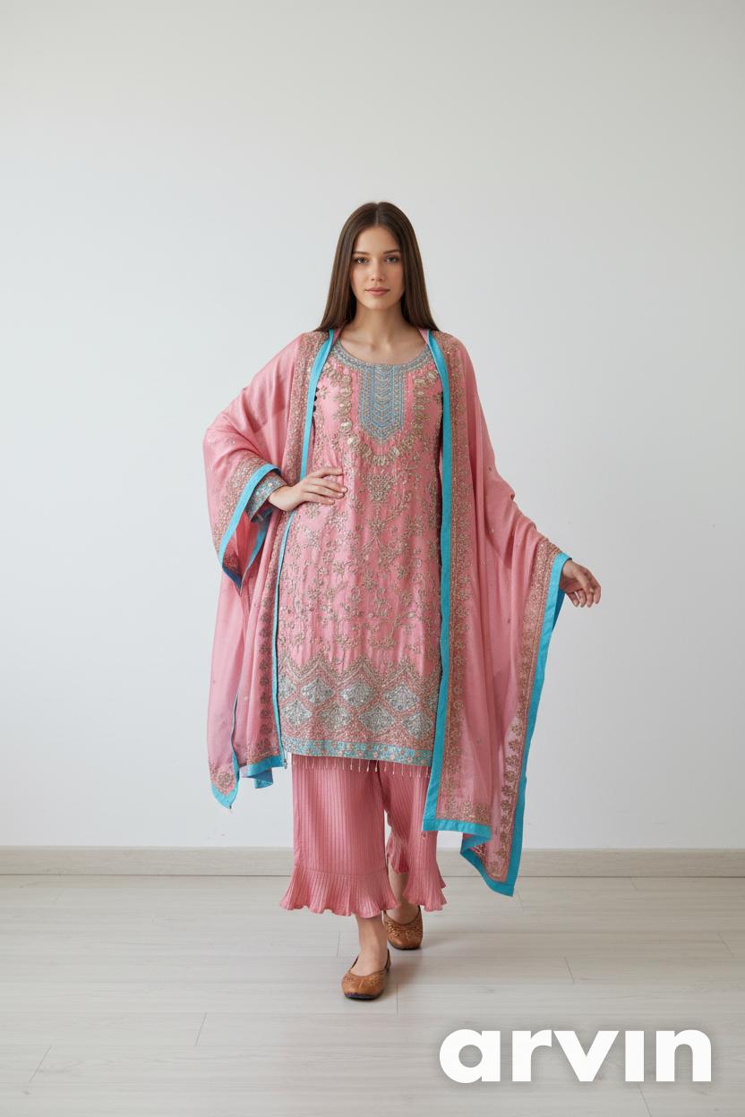 Women’s Peach Embroidered Chinnon Kurta Sharara Set with Dupatta | Fully Stitched Ethnic Wear | Festive & Party Outfit