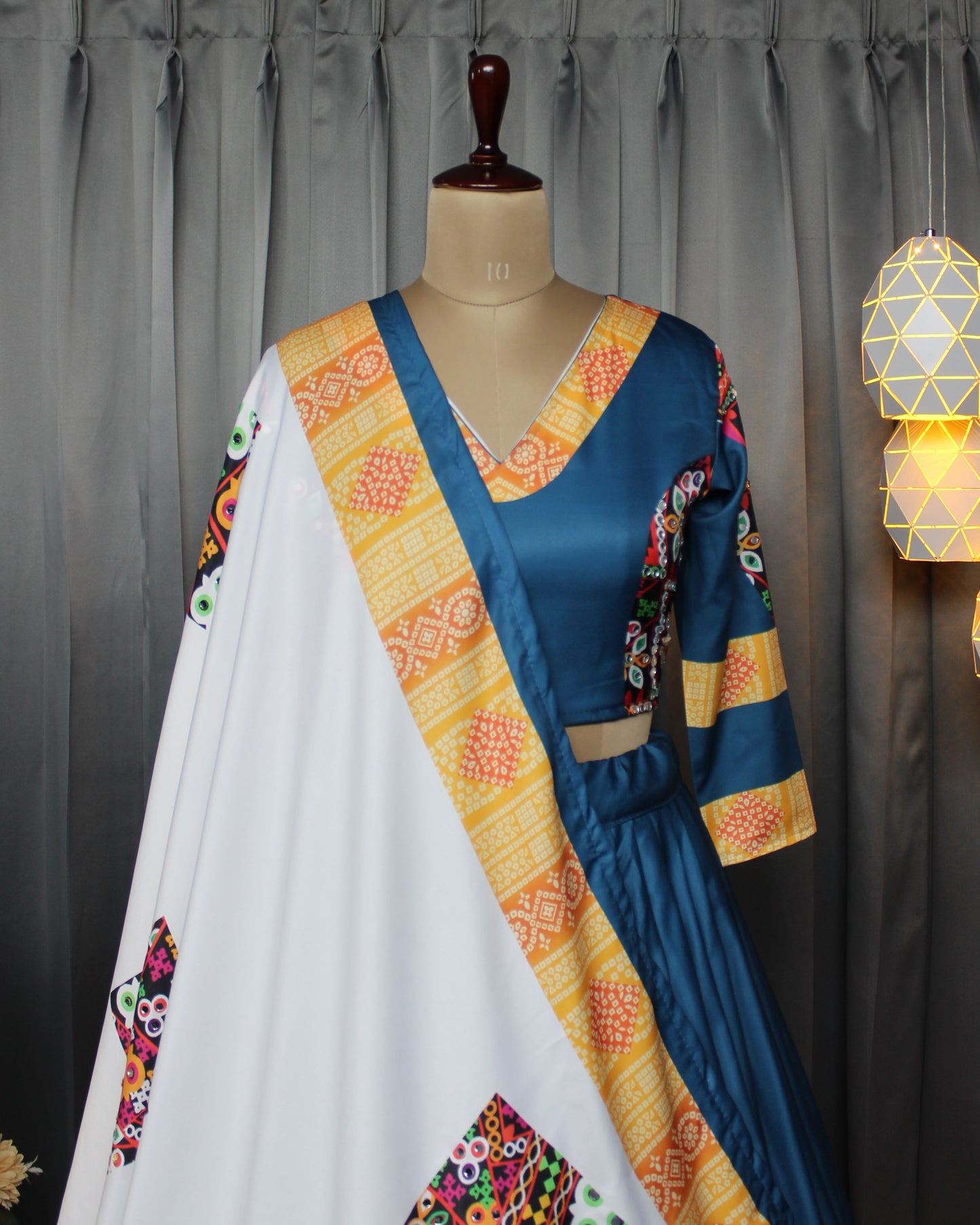 Women’s Festive Lehenga Choli – Butter Silk with Real Mirror Work & Printed Dupatta | Stitched | Navratri Wear