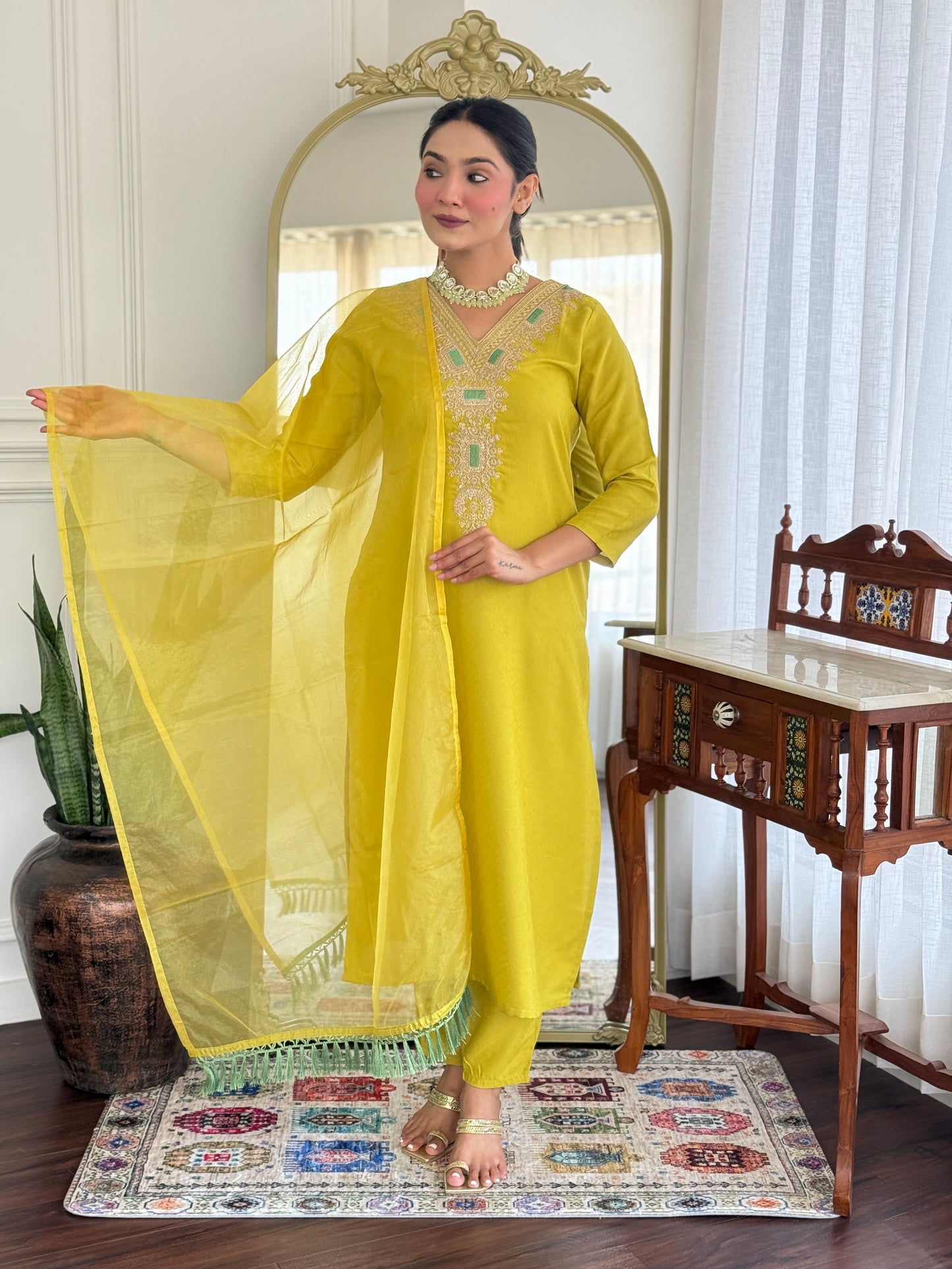 Latest Style Embroidered Viscose Rayon Suit Set with Organza Dupatta